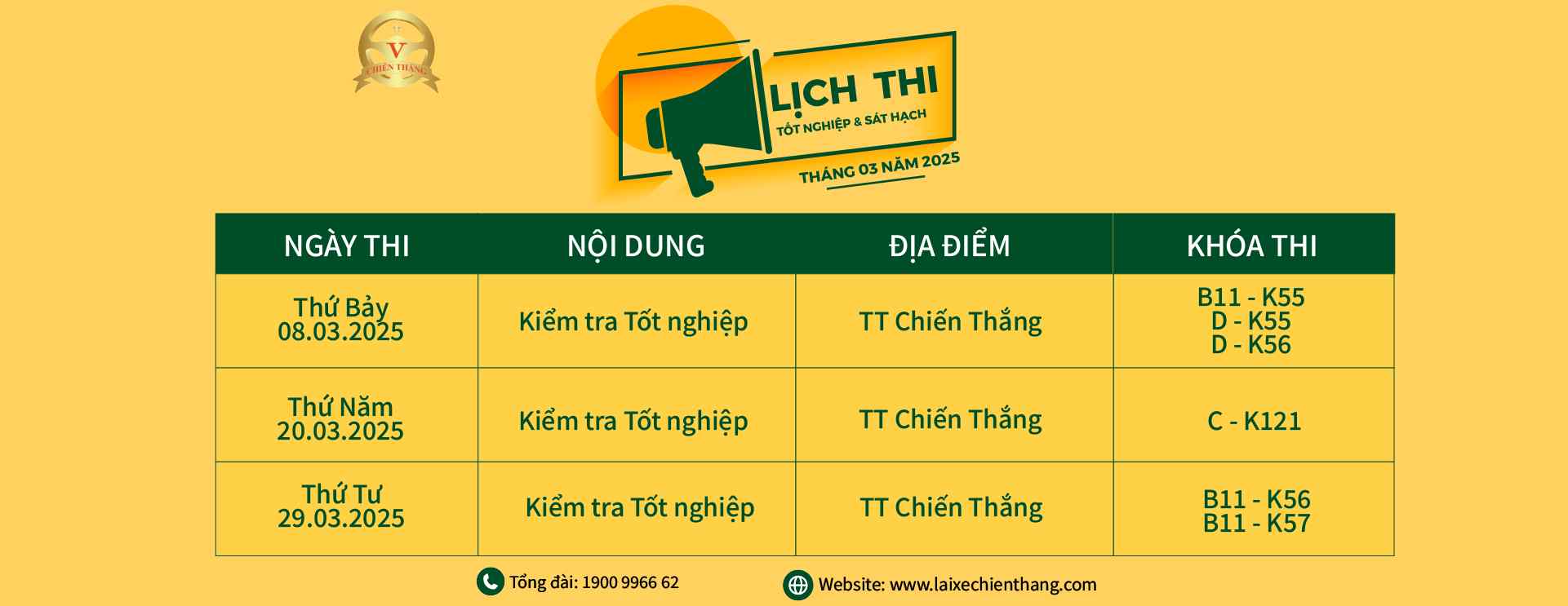 LỊCH THI TỐT NGHIỆP TẠI LÁI XE CHIẾN THẮNG THÁNG 03