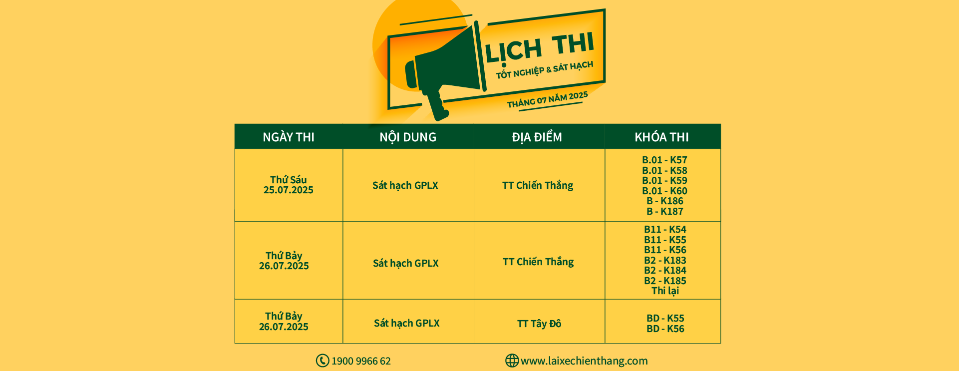 LỊCH THI TỐT NGHIỆP VÀ SÁT HẠCH TẠI LÁI XE CHIẾN THẮNG THÁNG 07