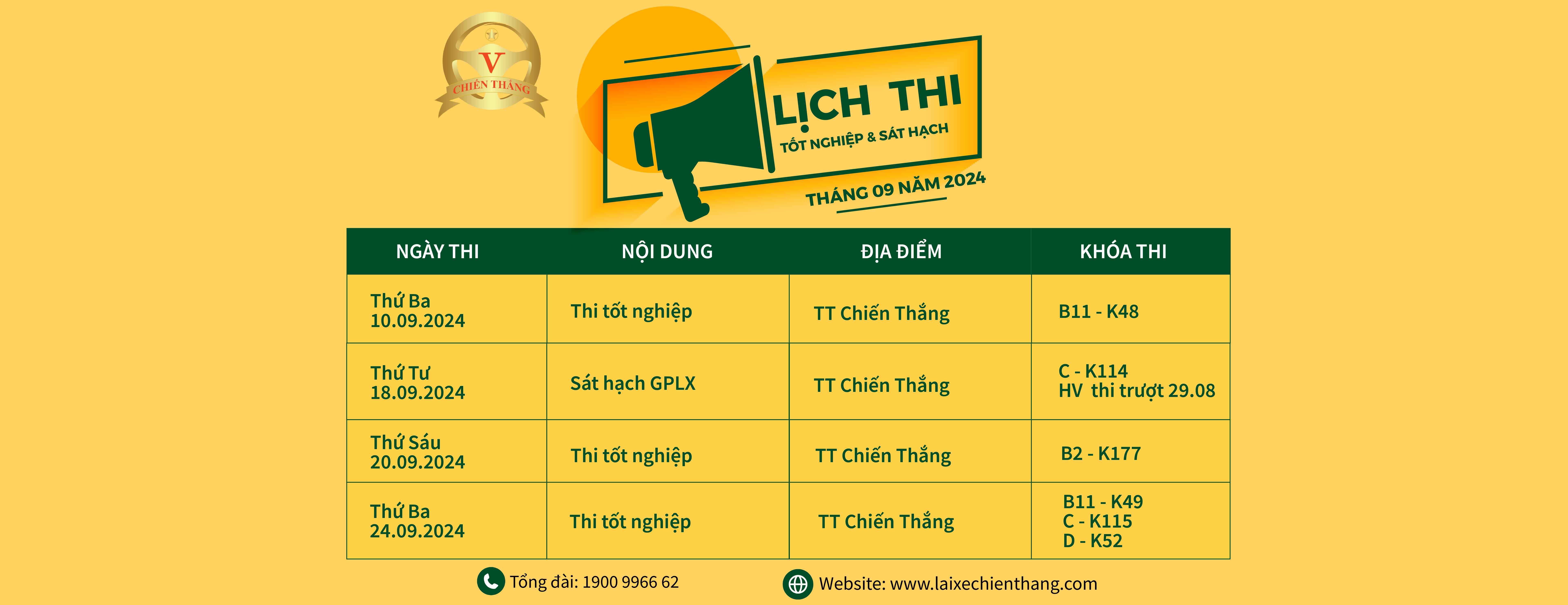 LỊCH THI TỐT NGHIỆP VÀ SÁT HẠCH LÁI XE CHIẾN THẮNG THÁNG 09