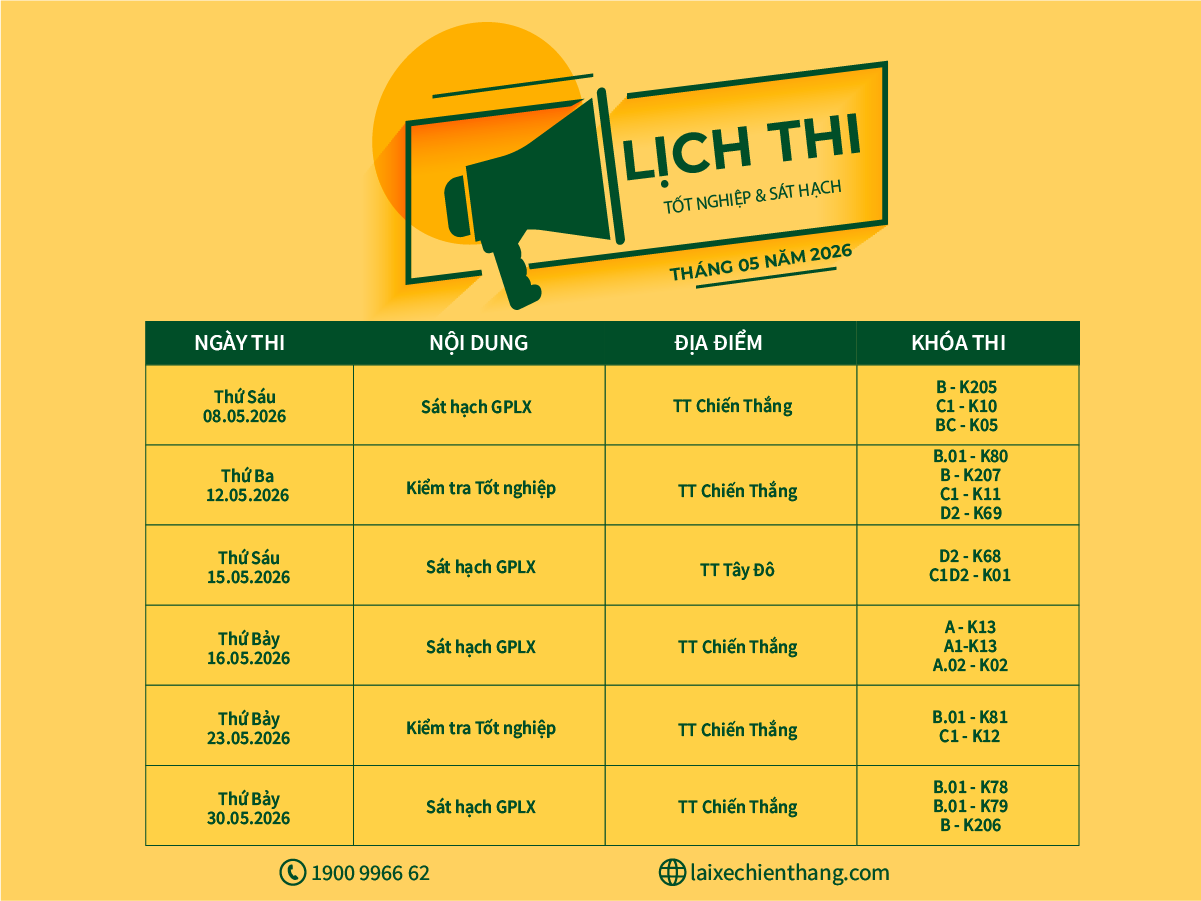 LỊCH THI TỐT NGHIỆP VÀ SÁT HẠCH LÁI XE MÔ TÔ VÀ Ô TÔ T5/2026