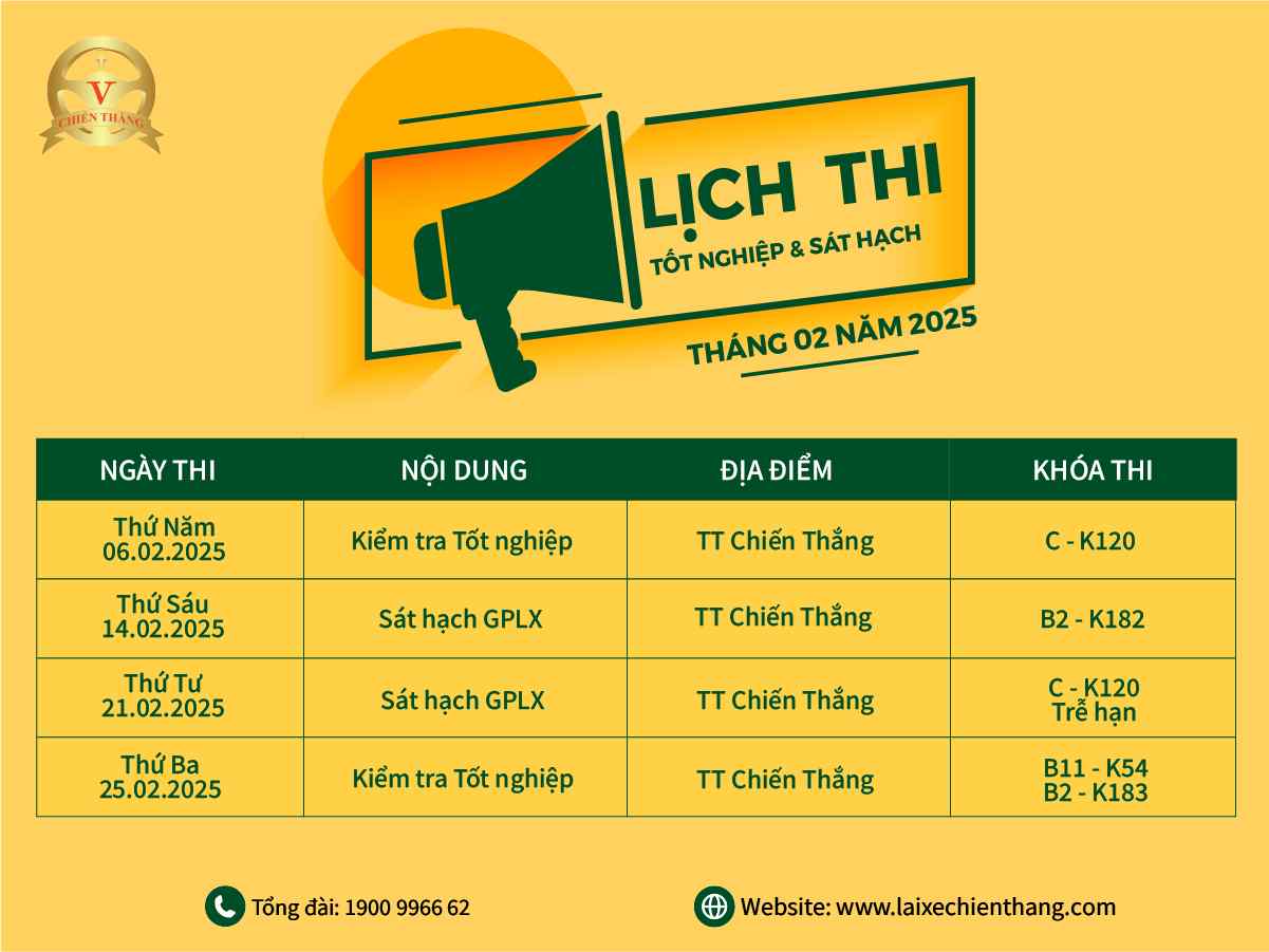 LỊCH THI TỐT NGHIỆP VÀ SÁT HẠCH LÁI XE Ô TÔ T02/2025