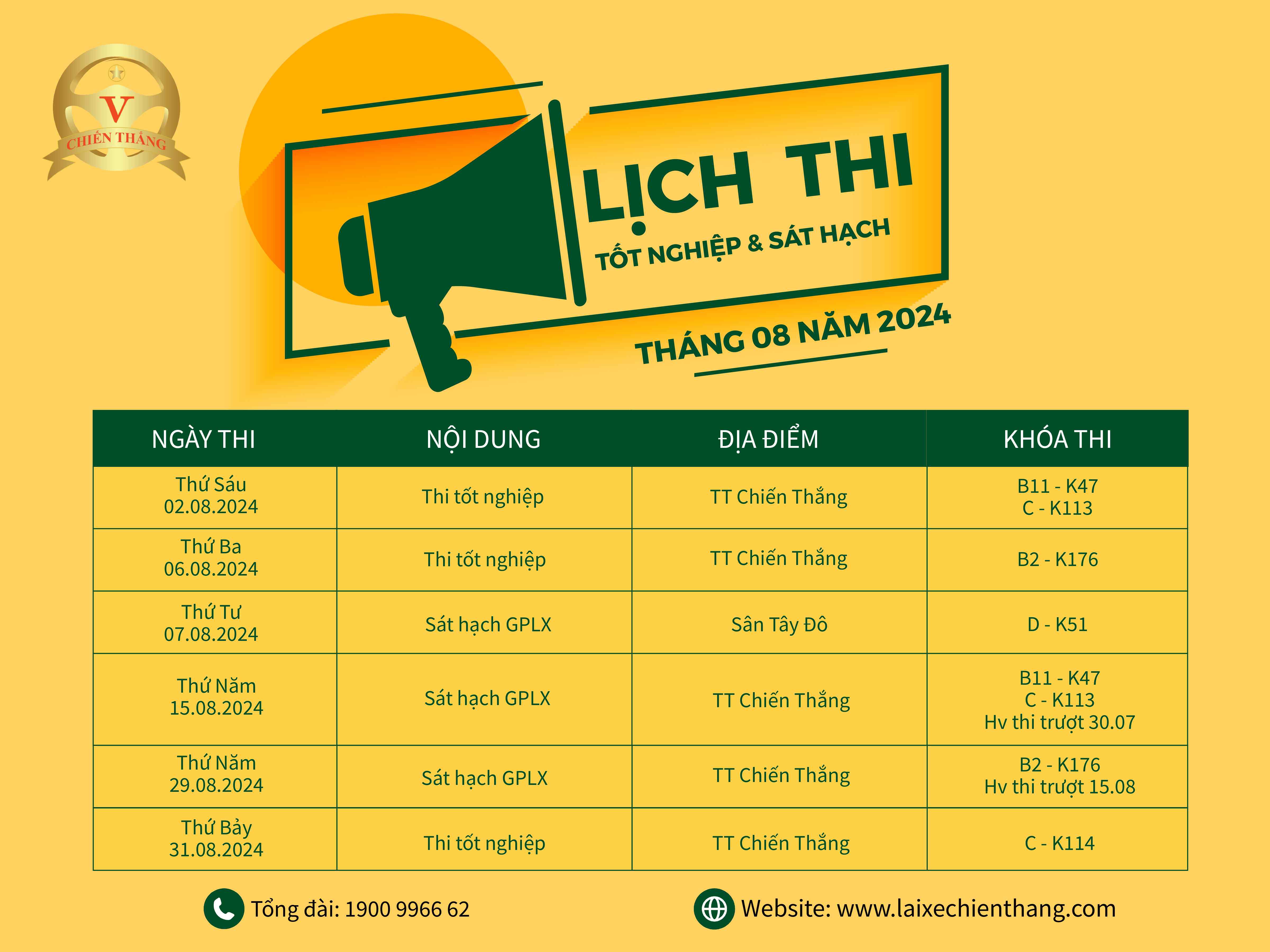 LỊCH THI TỐT NGHIỆP VÀ SÁT HẠCH LÁI XE Ô TÔ T08/2024