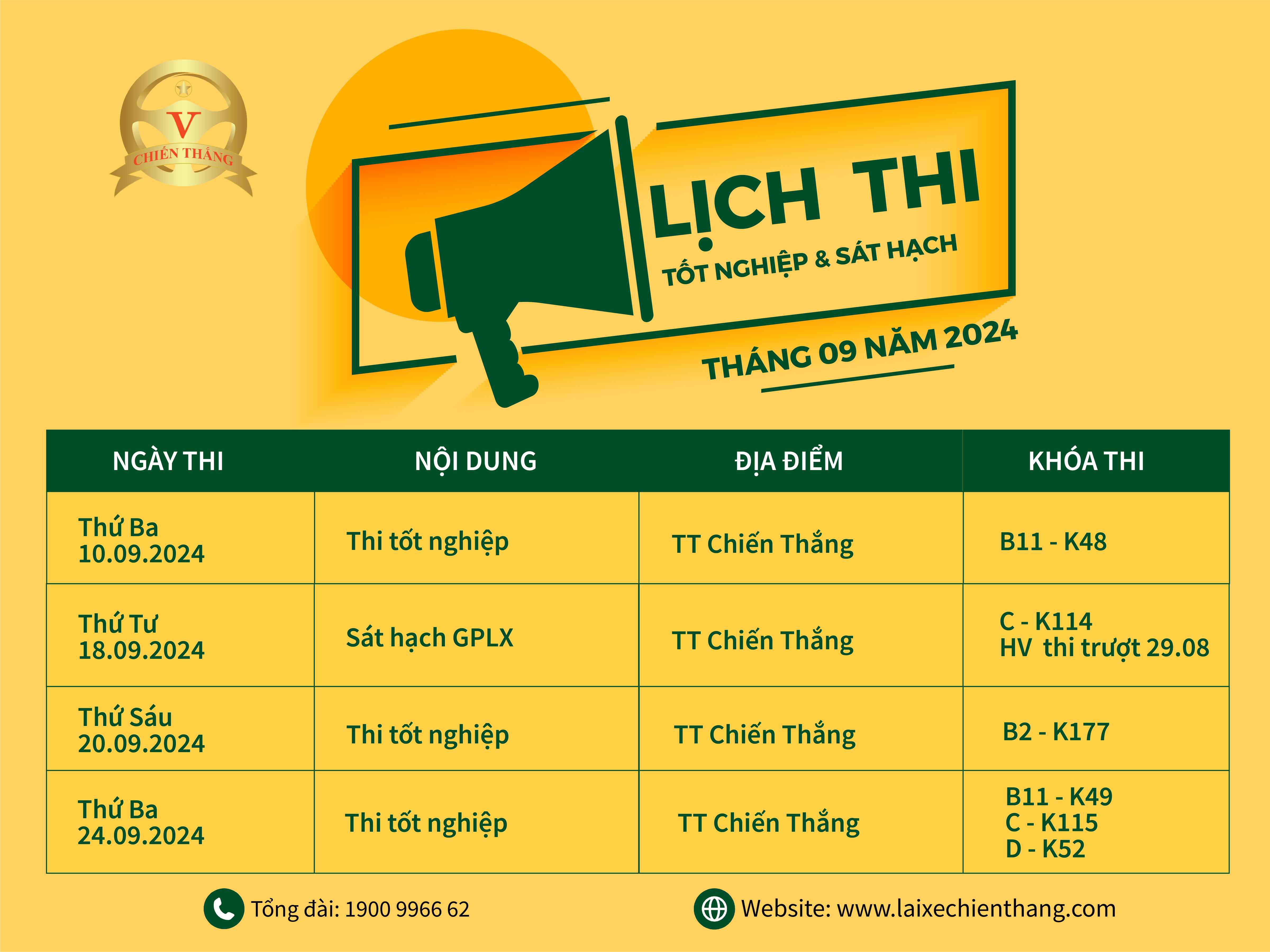 LỊCH THI TỐT NGHIỆP VÀ SÁT HẠCH LÁI XE Ô TÔ T9/2024