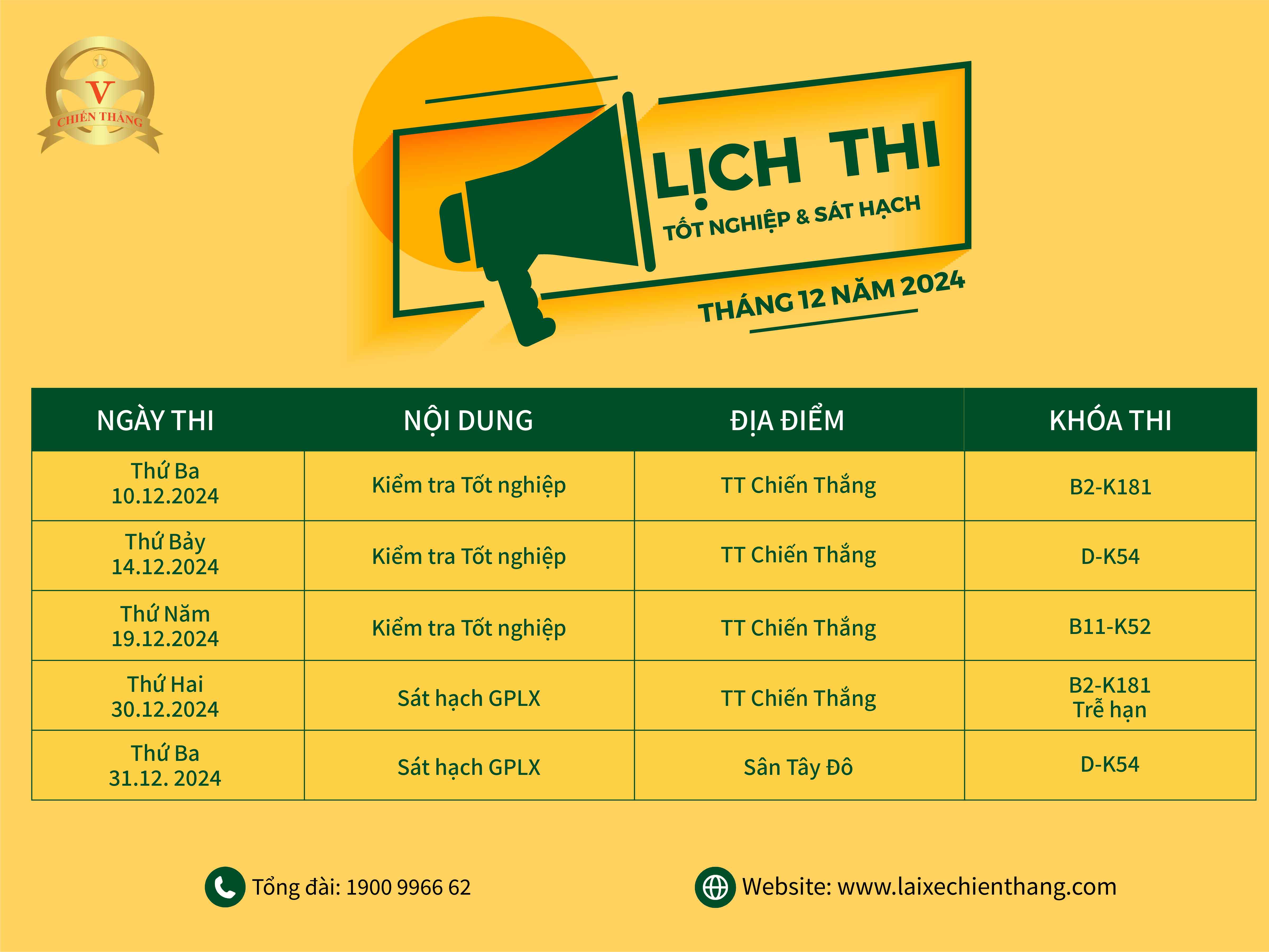 LỊCH THI TỐT NGHIỆP VÀ SÁT HẠCH LÁI XE Ô TÔ T12/2024