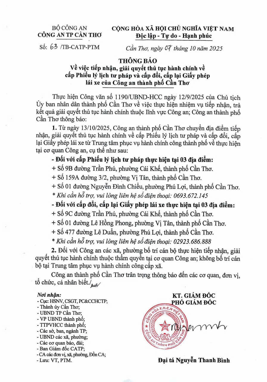 Thông báo về việc thay đổi địa điểm tiếp nhận, giải quyết thủ tục hành chính cấp Phiếu lý lịch tư pháp và cấp đổi, cấp lại GPLX